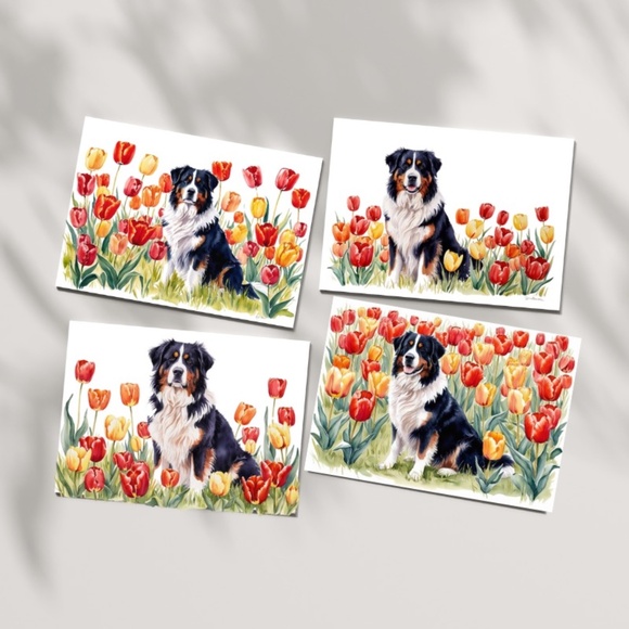 Bernese Moutain Dog in a Field of Tulips, Spring Collection Blank Note Card Set - Picture 1 of 12